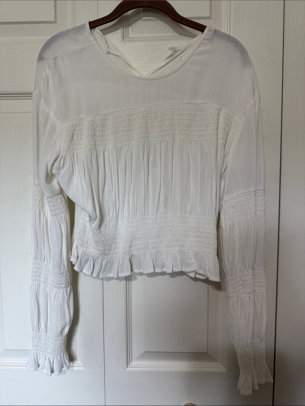 White Women's Long Sleeve Smocked Ruffled Top